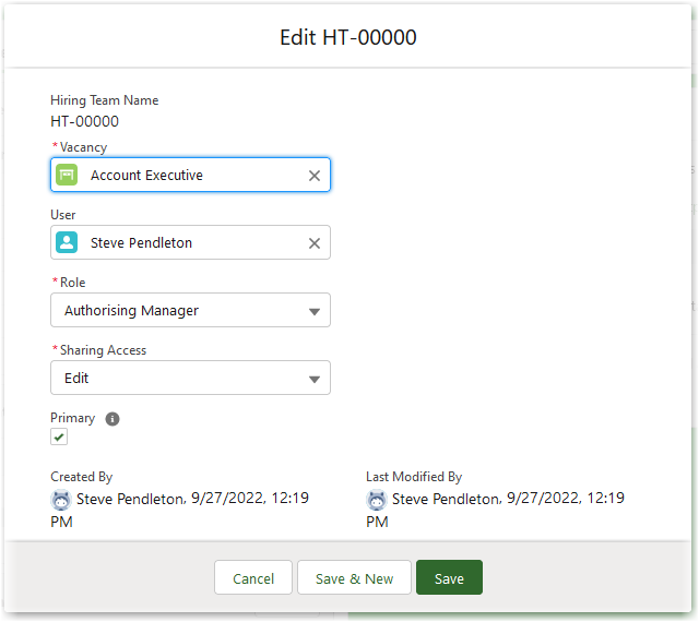 Screenshot:  Edit dialog for the Hiring Team member